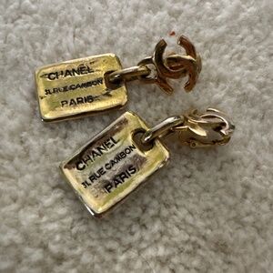 CHANEL Vintage Gold Rue Cambon Tag Dangle Clip On Earrings